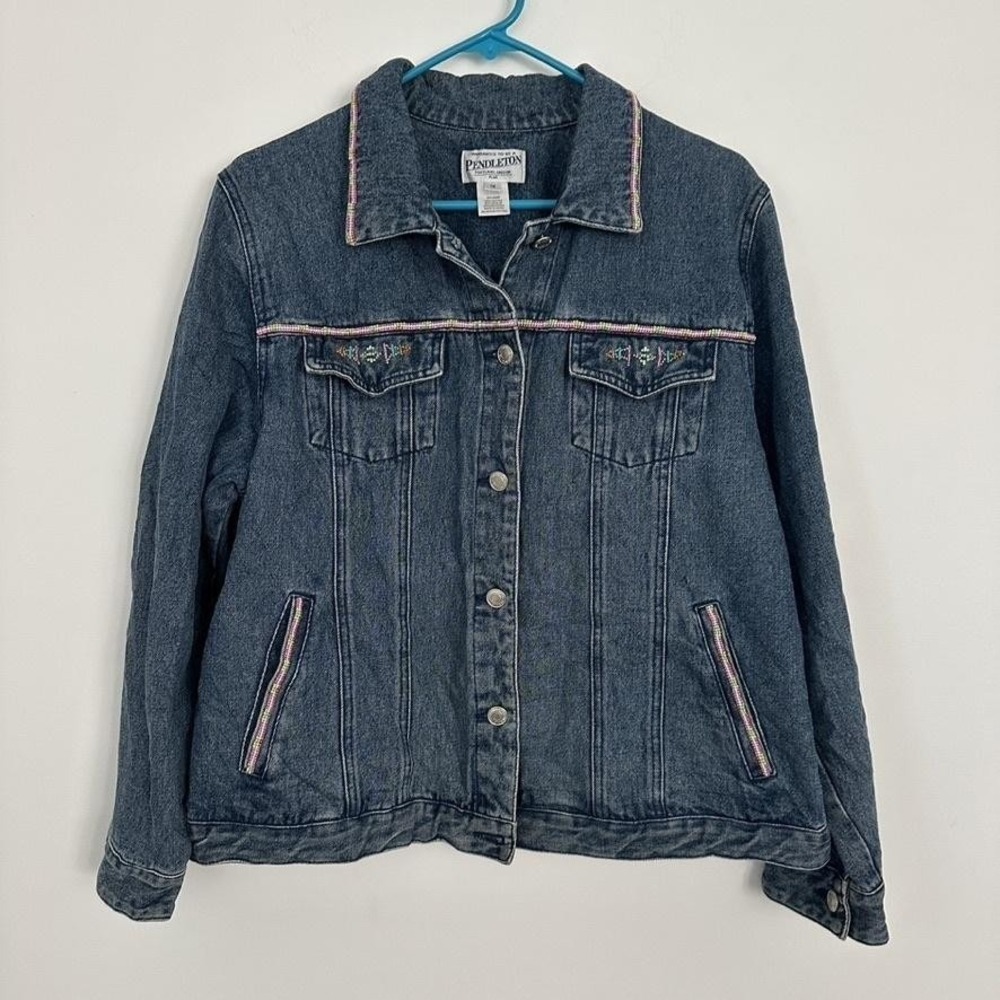Pendleton Denim Trucker Jacket Womens 1X Blue Cotton Beaded Southwestern Western